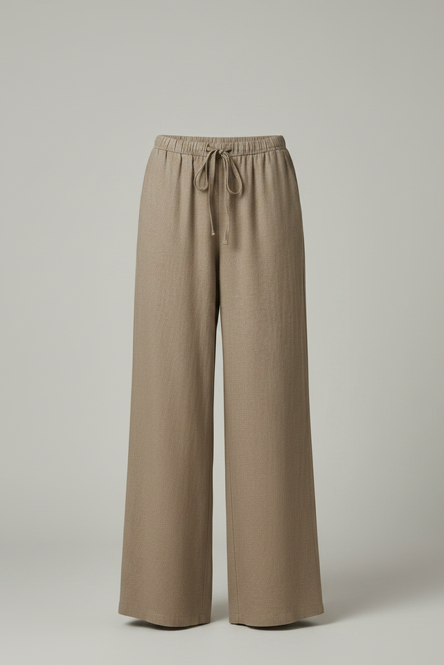 Pantalon Fluide Lin Beige Large Confortable Décontracté - Kaki - vue 3
