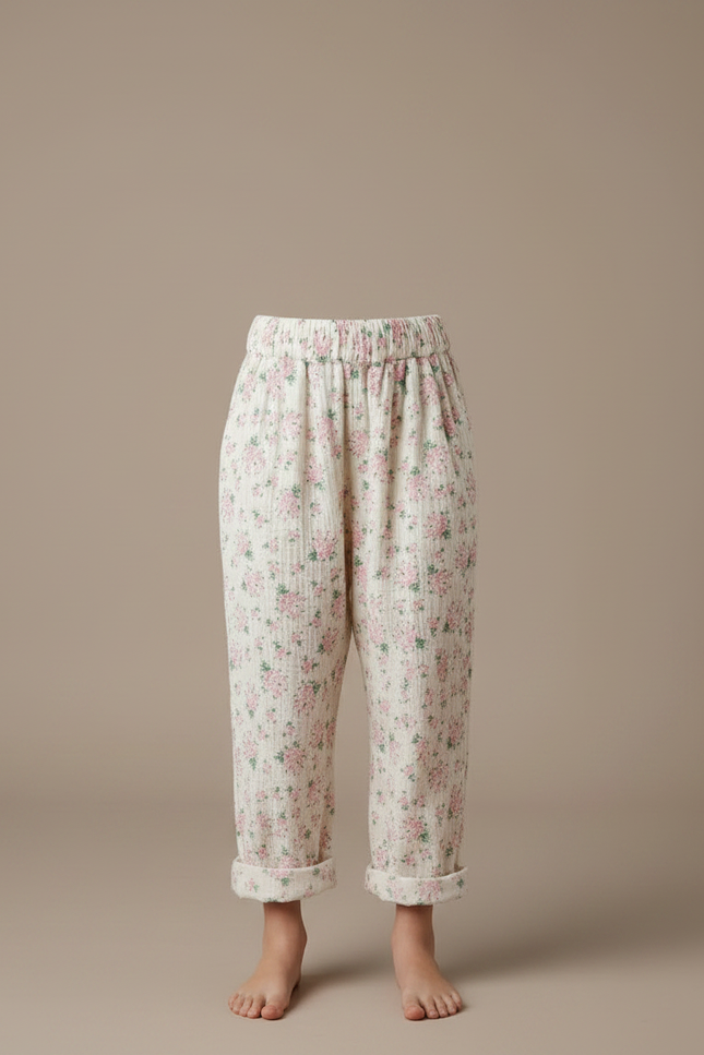 Pantalon Fluide Blanc Floral Coton Ample Fille - Imprimé - vue 3