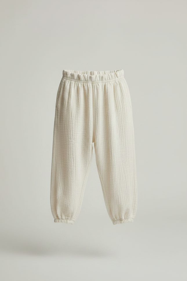 Pantalon Fluide Écru Coton Ample Décontracté Unisexe - Beige - vue 3