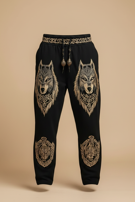 Pantalon Fluide Noir Ample Imprimé Loup Viking Homme - Molleton - vue 3