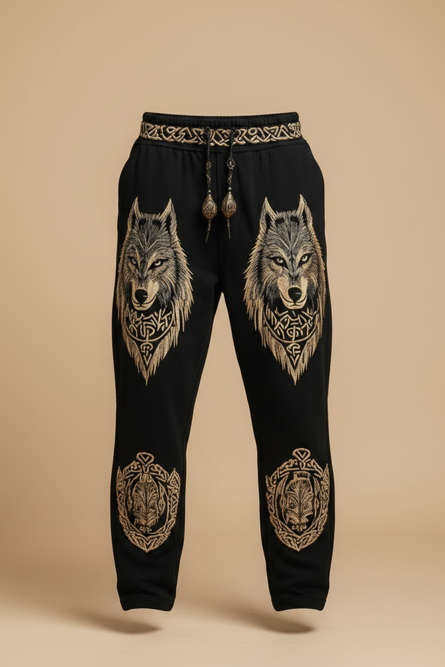 Pantalon Fluide Noir Ample Imprimé Loup Viking Homme - Molleton - vue 3