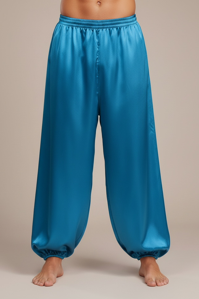 Pantalon Fluide Satiné Turquoise Ample Homme Scène - Bleu - vue 3