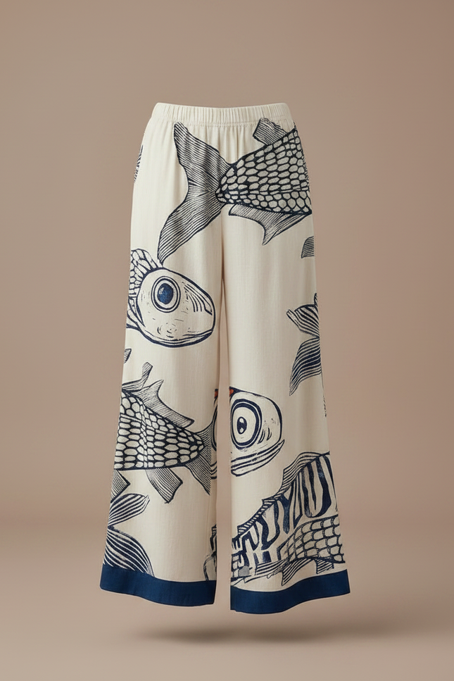 Pantalon Fluide Blanc Imprimé Poissons Ample Décontracté - Viscose - vue 3