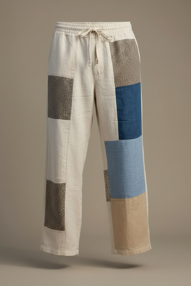 Pantalon Fluide Lin Patchwork Ample Décontracté Homme - Multicolore - vue 3