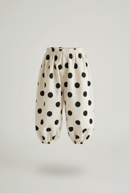 Pantalon Fluide Écru Pois Noirs Ample Coton Enfant - Beige - vue 3