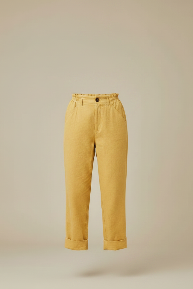Pantalon Fluide Jaune Moutarde Coton Lin Ample Décontracté - vue 3
