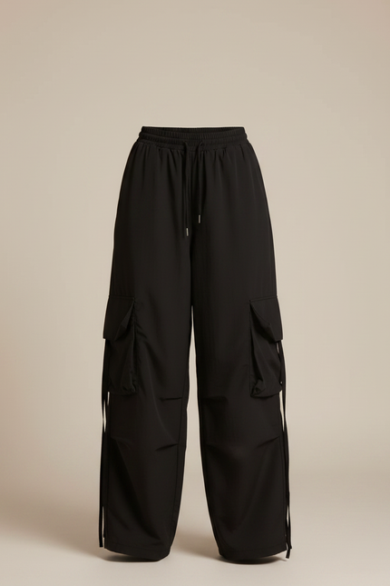 Pantalon Fluide Noir Ample Cargo Cordon Streetwear Femme - Polyester - vue 3