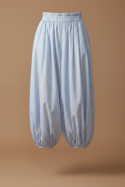 Pantalon Fluide Rayé Bleu Ciel Ample Élastiqué - Coton - vue 3