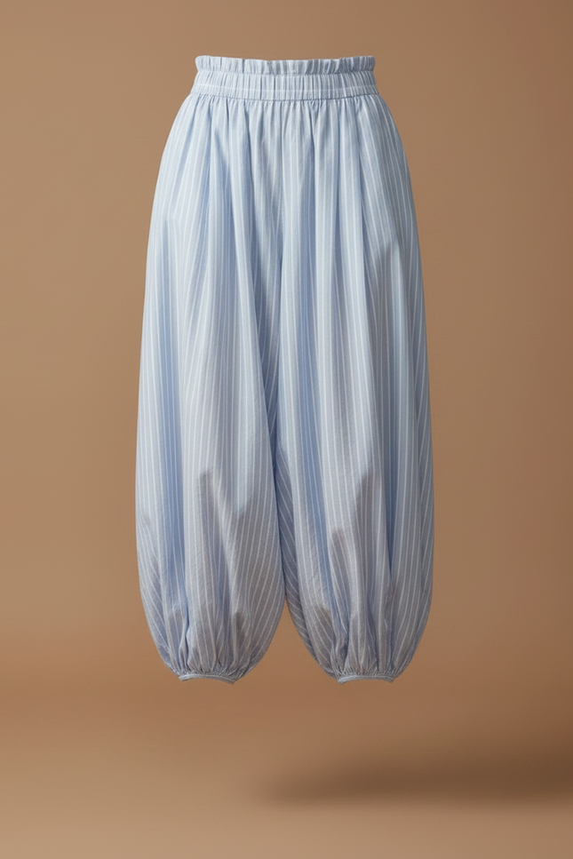 Pantalon Fluide Rayé Bleu Ciel Ample Élastiqué - Coton - vue 3