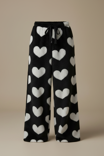 Pantalon Fluide Noir Cœurs Blancs Polaire Ample - Molleton - vue 3