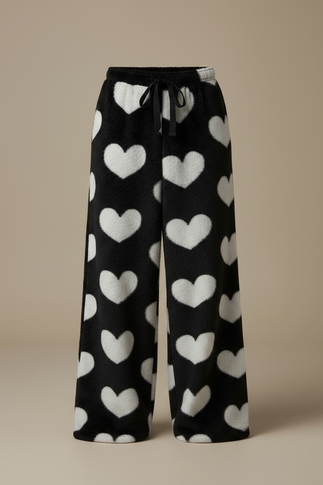 Pantalon Fluide Noir Cœurs Blancs Polaire Ample - Molleton - vue 3