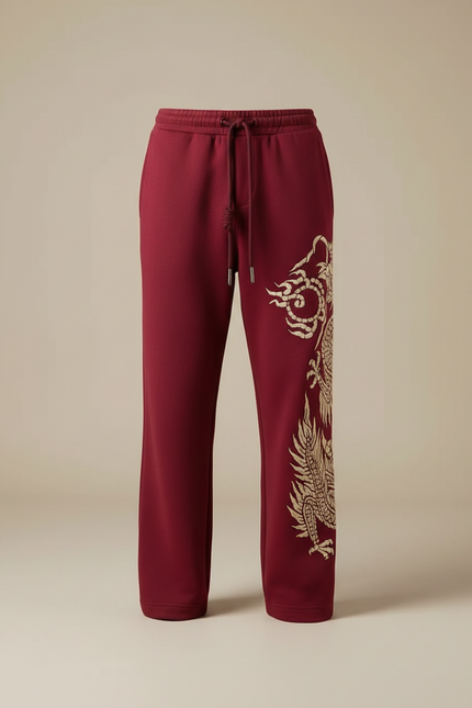 Pantalon Fluide Rouge Ample Dragon Chinois Décontracté Homme - Bordeaux Molleton - vue 3