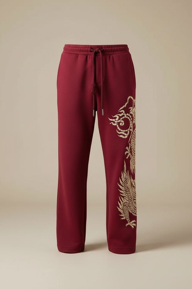 Pantalon Fluide Rouge Ample Dragon Chinois Décontracté Homme - Bordeaux Molleton - vue 3
