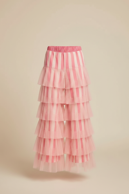 Pantalon Fluide Rose Rayé Volants Tulle Ample - Maille - vue 3
