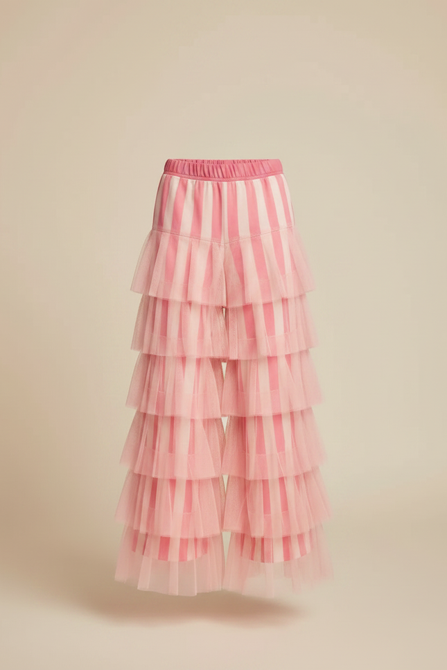 Pantalon Fluide Rose Rayé Volants Tulle Ample - Maille - vue 3