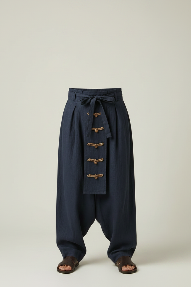 Pantalon Fluide Bleu Marine Plissé Ample Lin Homme - vue 3