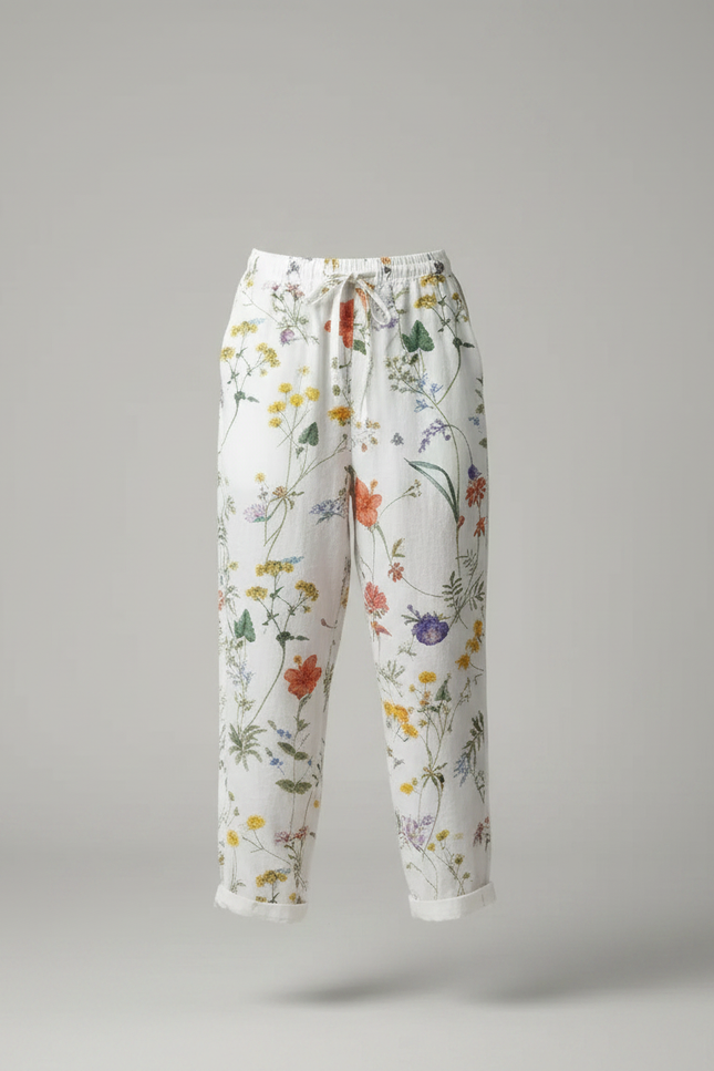 Pantalon Fluide Blanc Imprimé Floral Ample Estival - Lin - vue 3