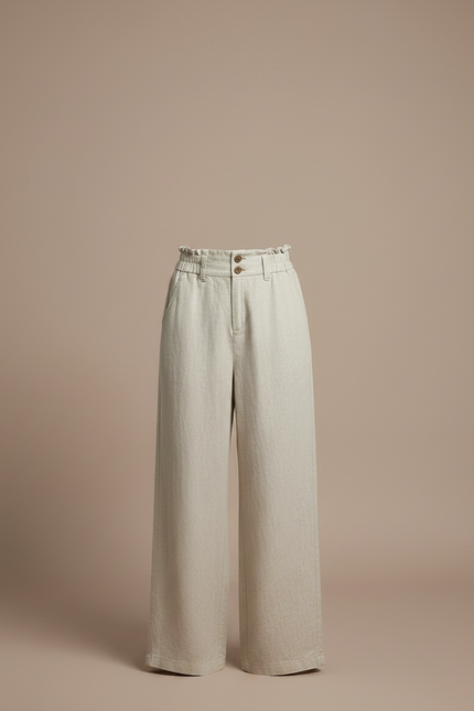 Pantalon Fluide Beige Large Taille Haute Lin - vue 3