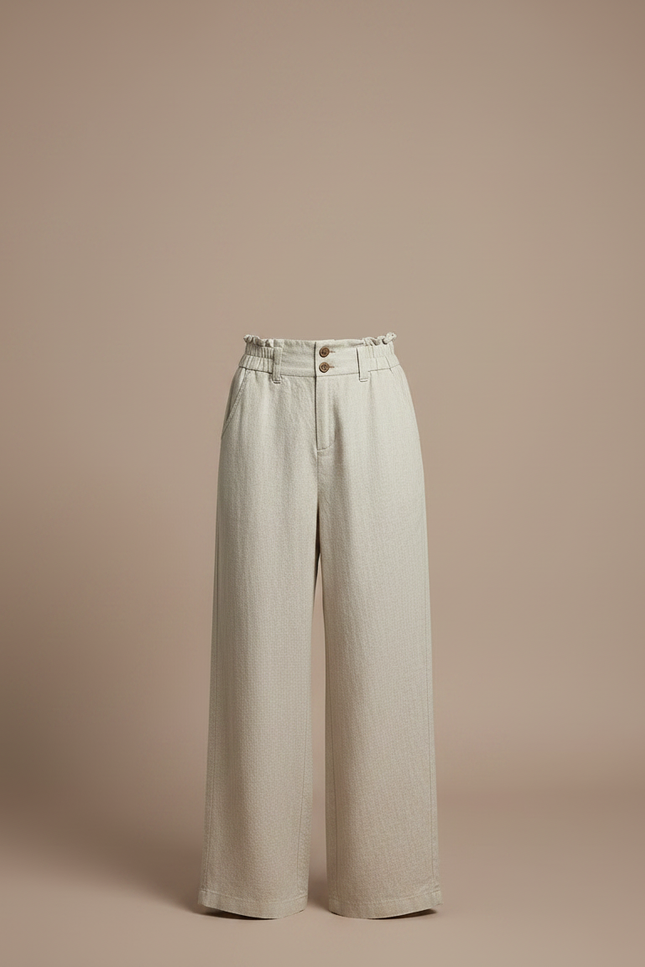 Pantalon Fluide Beige Large Taille Haute Lin - vue 3