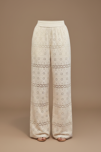 Pantalon Fluide Écru Brodé Ample Bohème Femme - Beige Coton - vue 3