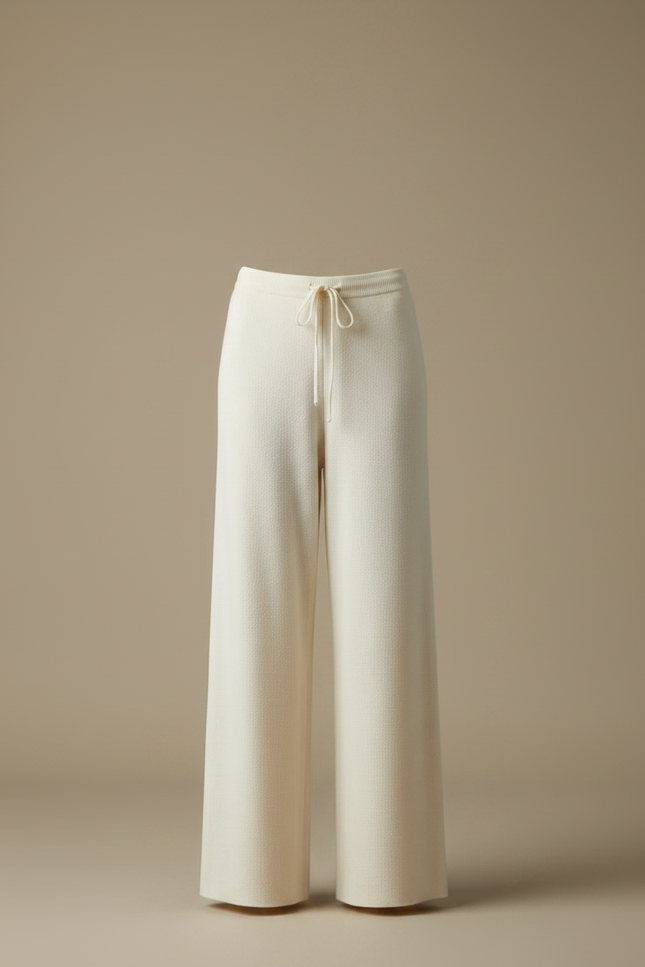 Pantalon Fluide Blanc Cassé Maille Ample Cordon Décontracté - vue 3