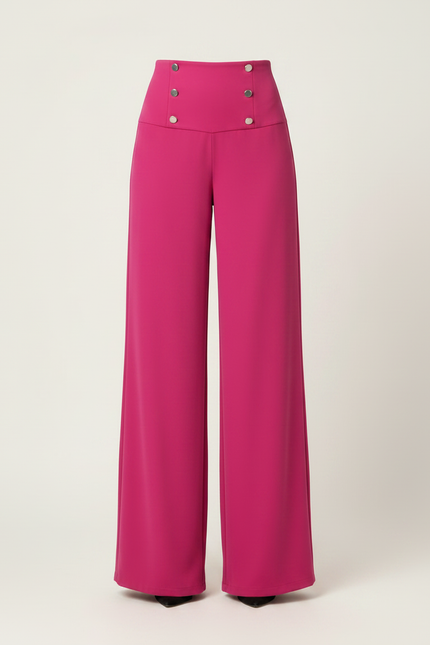 Pantalon Fluide Fuchsia Taille Haute Boutons Larges Élégant - Rose Polyester - vue 3