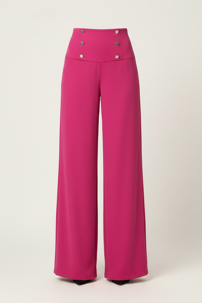 Pantalon Fluide Fuchsia Taille Haute Boutons Larges Élégant - Rose Polyester - vue 3