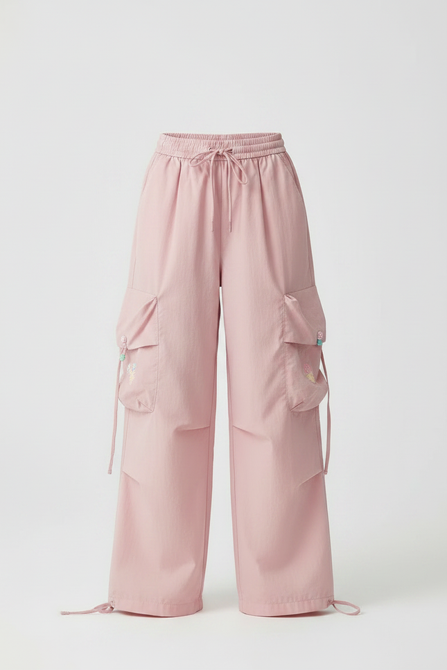Pantalon Fluide Rose Cargo Brodé Ample Fille - Coton - vue 3