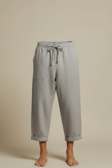 Pantalon Fluide Gris Lin Ample Cordon Décontracté - vue 3