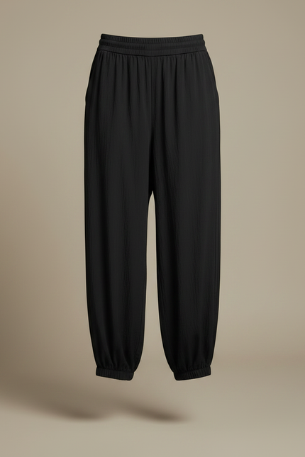 Pantalon Fluide Noir Ample Cordon Cheville Décontracté - Polyester - vue 3