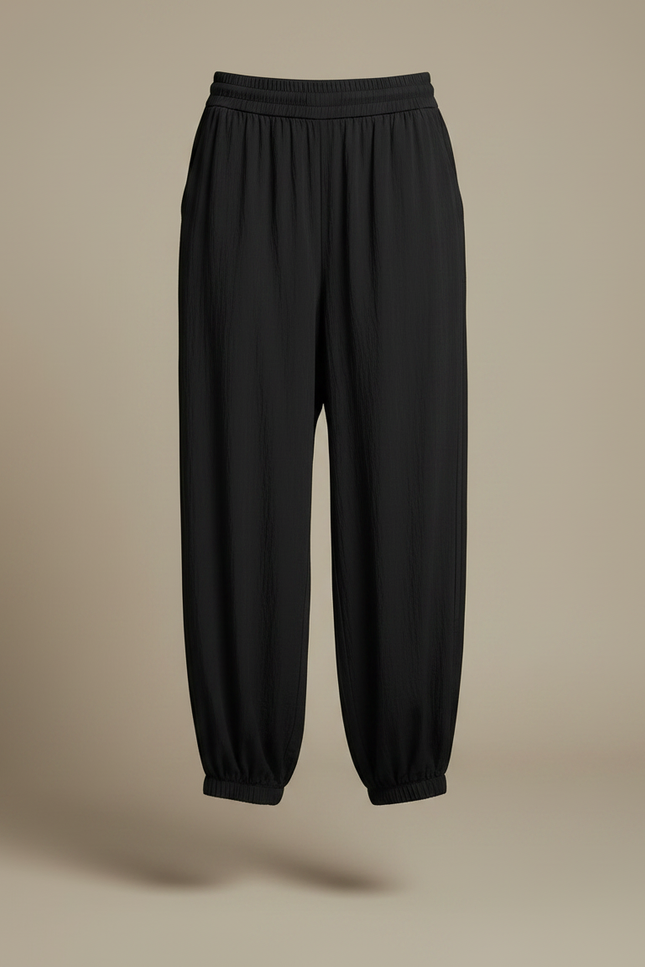 Pantalon Fluide Noir Ample Cordon Cheville Décontracté - Polyester - vue 3