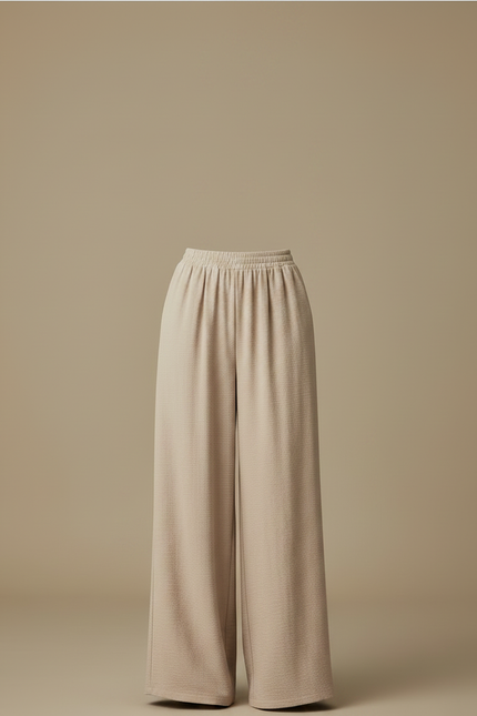 Pantalon Fluide Beige Large Taille Haute Plissé Chic - Polyester - vue 3