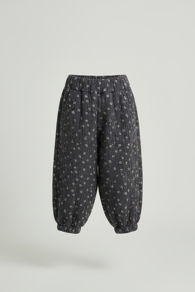 Pantalon Fluide Gris Imprimé Floral Bouffant Fille - Cordé - vue 3