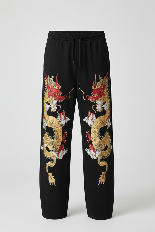 Pantalon Fluide Noir Ample Dragon Chinois Décontracté Homme - Molleton - vue 3