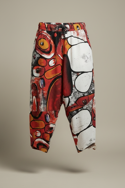 Pantalon Fluide Rouge Imprimé Abstrait Harem Coton - vue 3
