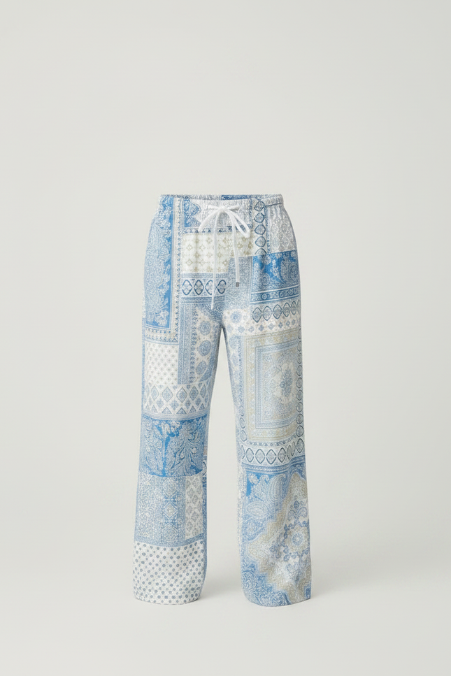 Pantalon Fluide Patchwork Bleu Imprimé Décontracté Ample - Viscose - vue 3
