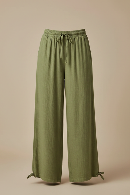 Pantalon Fluide Kaki Ample Coton Lin Femme Cordon - vue 3