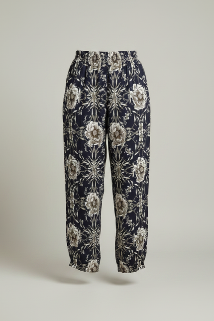 Pantalon Fluide Imprimé Floral Noir Ample Femme - Marine Viscose - vue 3