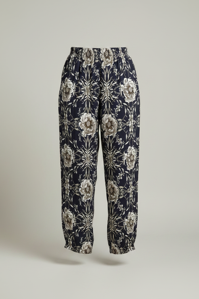 Pantalon Fluide Imprimé Floral Noir Ample Femme - Marine Viscose - vue 3