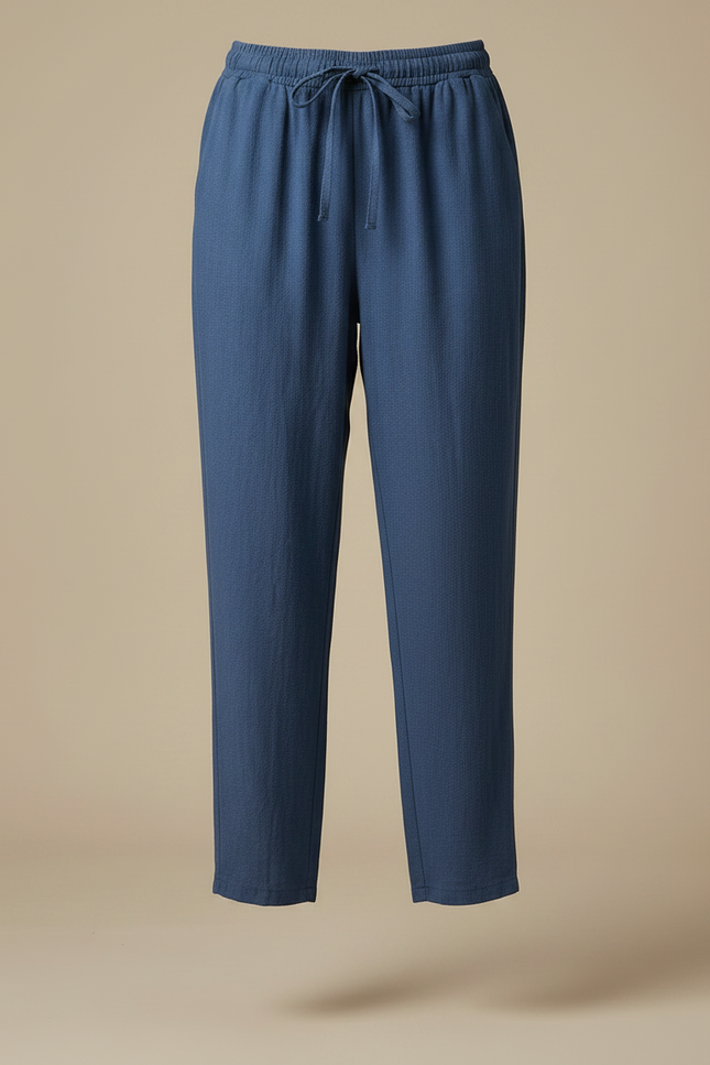 Pantalon Fluide Bleu Coton Lin Ample Décontracté Élastique - vue 3