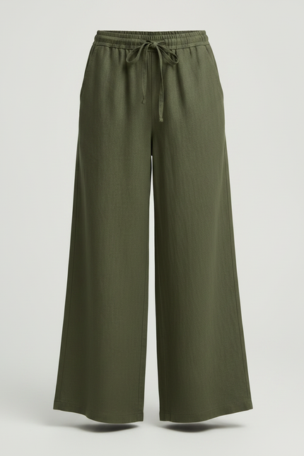 Pantalon Fluide Vert Kaki Ample Lin Cordon - vue 3