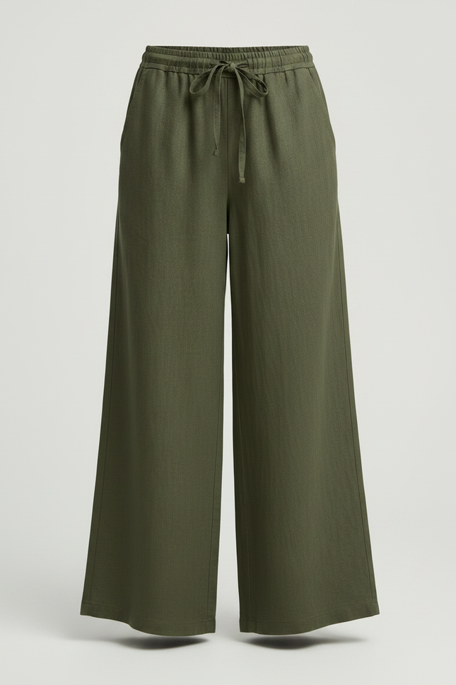 Pantalon Fluide Vert Kaki Ample Lin Cordon - vue 3