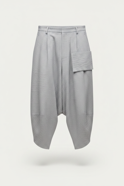 Pantalon Fluide Gris Rayé Ample Harem Coton Lin - vue 3