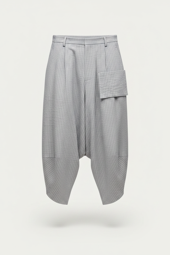 Pantalon Fluide Gris Rayé Ample Harem Coton Lin - vue 3