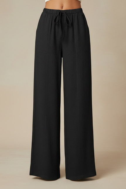 Pantalon Fluide Noir Ample Taille Haute Lin Décontracté - vue 3