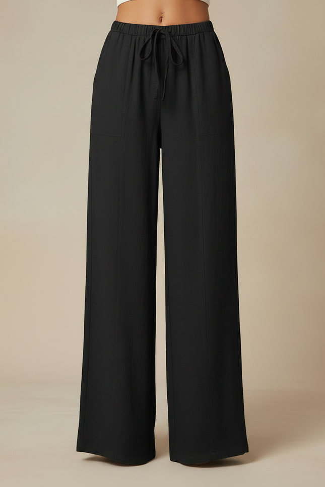 Pantalon Fluide Noir Ample Taille Haute Lin Décontracté - vue 3