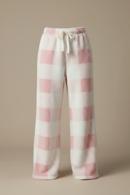 Pantalon Fluide Carreaux Rose Blanc Polaire Ample - Multicolore Molleton - vue 3