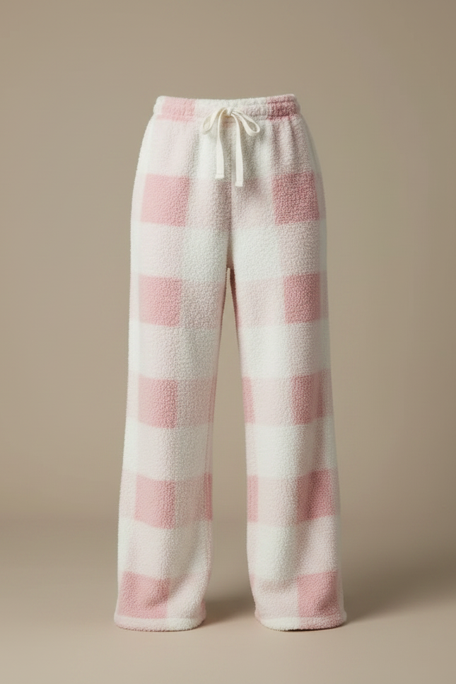 Pantalon Fluide Carreaux Rose Blanc Polaire Ample - Multicolore Molleton - vue 3