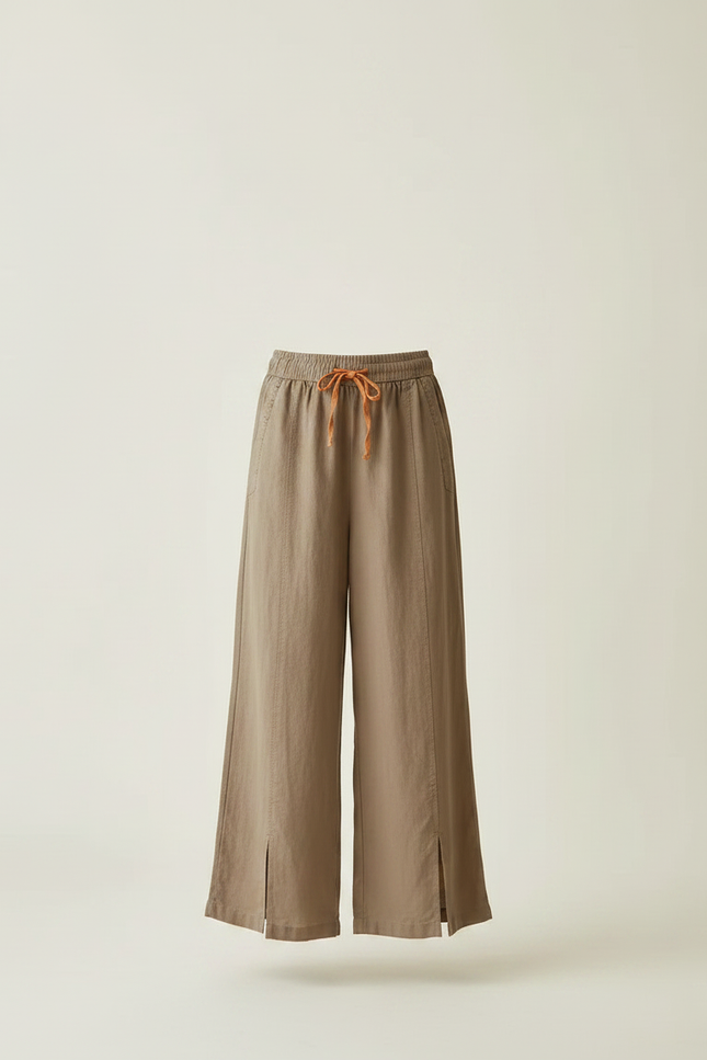 Pantalon Fluide Lin Coton Ample Fendu Marron - vue 3