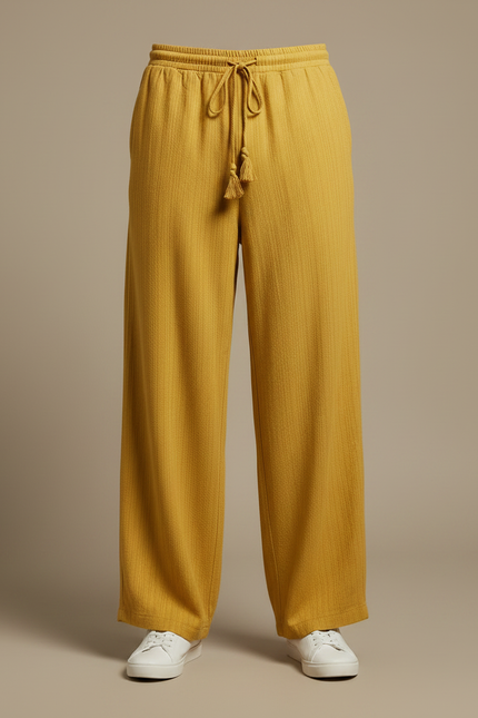 Pantalon Fluide Jaune Ample Texturé Cordon Décontracté - Cordé - vue 3